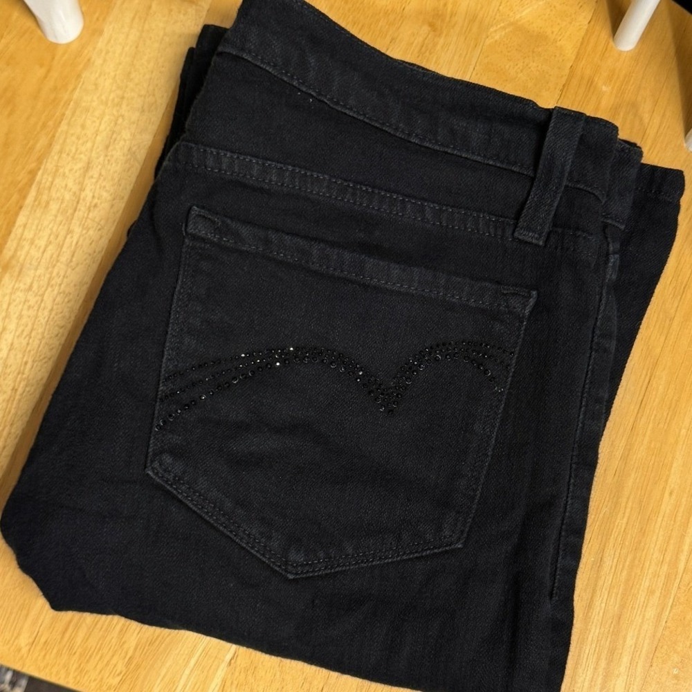 NYDJ Barbara Boot Cut 10 x 33 Long Black Rhinestone Embellished Stretch Hi Rise